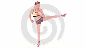 Fitness trainer girl doing high side leg kick out frontal view. Sports video tutorials isolated on white. Health care