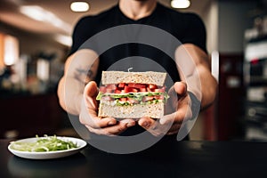 a fitness trainer measuring the size of a clubhouse sandwich