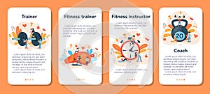 Fitness trainer mobile application banner set. Workout in the gym