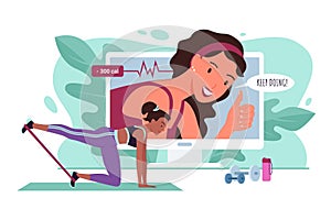 Fitness trainer online, sports workout vector illustration. Cartoon active young sportive woman character in sportswear