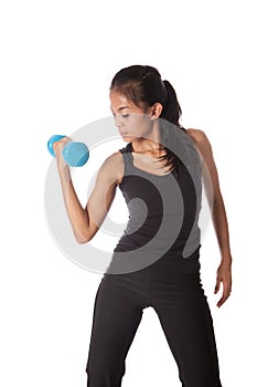 fitness trainer pumping dumbell