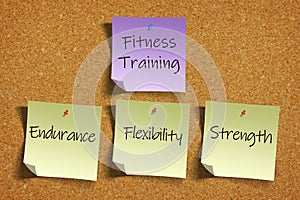 Fitness Training goals or concepts of Endurance, Flexibility, Strength on color sticky notes photo