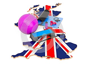 Fitness in United Kingdom. Gym equipments on British map. 3D rendering