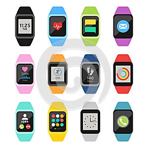 Fitness watches and trackers set. Vector illustrations.