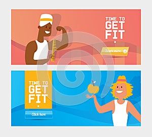 Fitness web banner design vector illustration, sport website template with men cartoon characters for gym landing page.