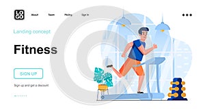 Fitness web concept. Man running on treadmill in gym