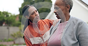 Fitness, wellness and a coach with an elderly black woman outdoor for a dumbbell workout, health or mobility. Exercise