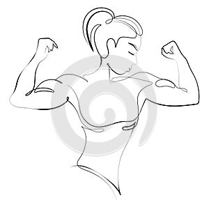Fitness woman with an athletic body shows her biceps muscles One line drawing logo.Vector black and white illustration