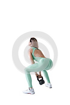 Fitness woman do kettlebell swing and kettlebell snatch. Crossfit training. Isolated on white background