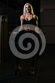 Fitness Woman Doing Exercise For Biceps With Dumbbells
