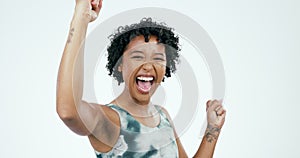Fitness, woman face and celebration with winning fist in studio for training success on white background. Portrait, wow