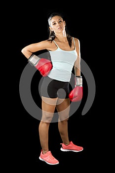 Fitness woman with girl red boxing gloves posing in defiant and competitive fight attitude