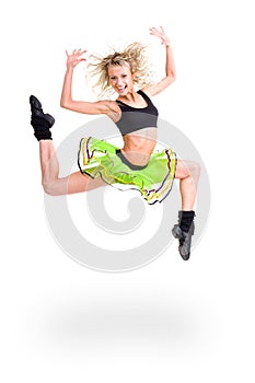 Fitness woman jumping of joy