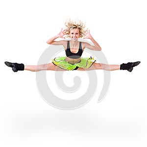 Fitness woman jumping of joy