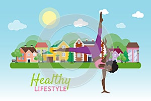 Fitness woman jumping outdoor in urban enviroment city landscape vector illustration. Haelthy lifestyle concept banner