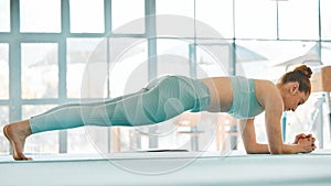 Fitness, woman and plank exercise in gym for strong core, healthy training and balance for workout. Athlete, active and
