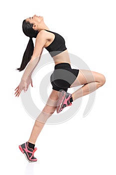 Fitness woman profile dancing doing aerobic exercises photo