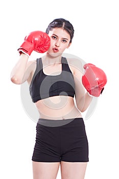 Fitness woman with the red boxing gloves