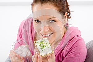 Fitness - woman relax glass water snack