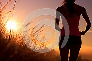 Fitness woman running on the background of sunrise