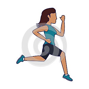 Fitness woman running sideview blue lines