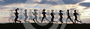 Fitness woman running on sunrise, Running silhouettes, Female runner silhouette