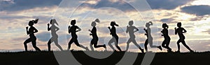 Fitness woman running on sunrise, Running silhouettes, Female runner silhouette