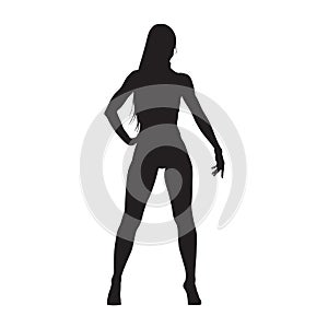 Fitness woman standing and posing, isolated vector silhouette, f