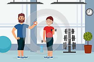 Fitness woman training in gym with personal trainer coach. Girl exercising with dumbbells cartoon vector