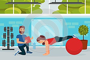 Fitness woman training in gym with personal trainer coach. Girl exercising with fitball cartoon vector