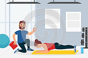 Fitness woman training in gym with personal trainer coach. Girl exercising on sports mat doing plank exercise cartoon