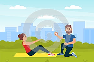 Fitness woman training in park with personal trainer coach. Girl exercising on sports mat cartoon vector