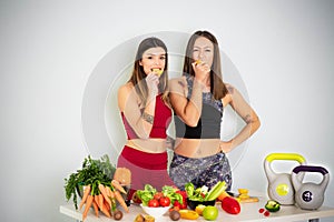 Fitness Women  eating Orange , Vegetables Stock Images And Stock Footage