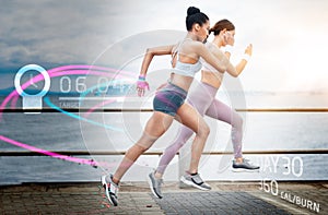 Fitness, women and running with futuristic hologram, training and exercise for wellness, track progress and promenade