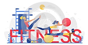Fitness word vector illustration, cartoon flat tiny woman characters training, doing sport exercises with ball, dumbbell