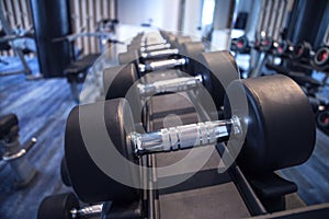 Fitness and workout equipment: set of the modern dumbbells on th