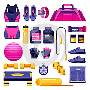 Fitness, workout and gym equipment. Vector flat isolated objects. Sports clothing, shoes and personal accessories icons