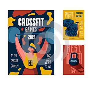 Fitness Workout Gym Poster, Placard, Invitation. Crossfit Banner, Flyer with Strong Man Character. Sport Event Design