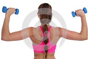 Fitness workout woman exercise back shoulder sports with dumbbells isolated