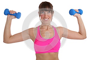 Fitness workout woman at sports training with dumbbells exercise