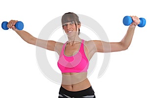 Fitness workout young woman holding dumbbells back shoulder exercise