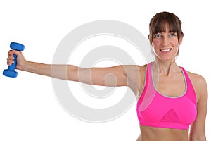 Fitness workout young woman at sports training holding dumbbell