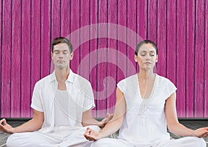 fitness yoga couple with pink wood background