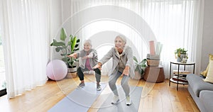 Fitness, yoga and elderly woman friends in a home studio to workout for health, wellness or balance. Exercise, zen and