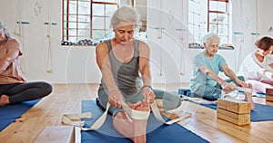 Fitness, yoga and senior women with band for wellness, healthy body and stretching on floor. Retirement, pilates class