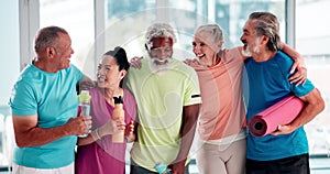 Fitness, yoga and smile with senior friends in class together for health, wellness or workout. Exercise, training and