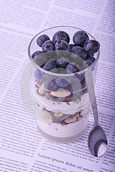 Fitness yogurt breakfast with seeds and blueberries.