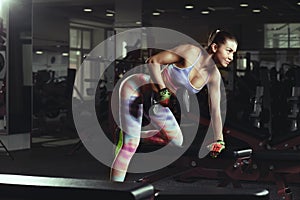 Fitness young sexy girl in the gym doing exercises with dumbbells