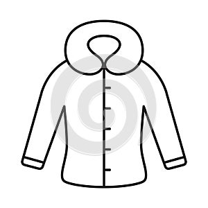 Fitted coat with hood or fur collar icon. Thin line art template for winter clothes. Black and white illustration. Contour hand