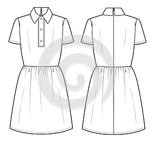 Fitted Dress with Placket Button Front and Back View Flat Sketch Vector Template